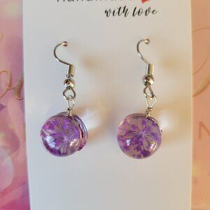 Silver Plated Real Dried Violet Flower Resin Earrings - Round